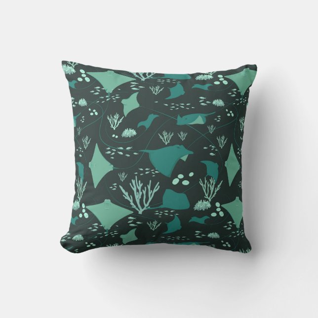 Awesome Stingrays Underwater Black Blue Cushion (Front)