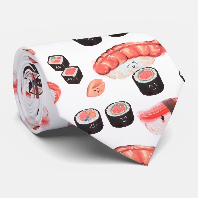 Awesome Sushi Pattern with Kawaii Expressions Tie (Rolled)