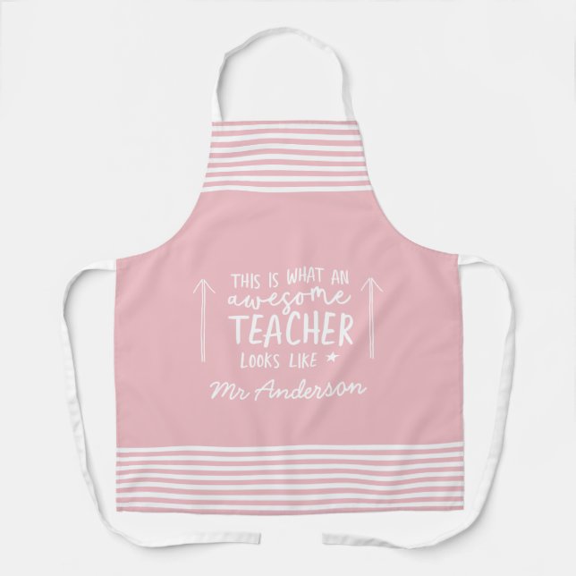 Awesome teacher modern typography pink gift apron (Front)