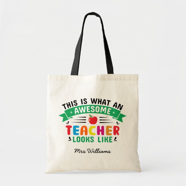 Awesome teacher modern typography rainbow gift tote bag (Front)
