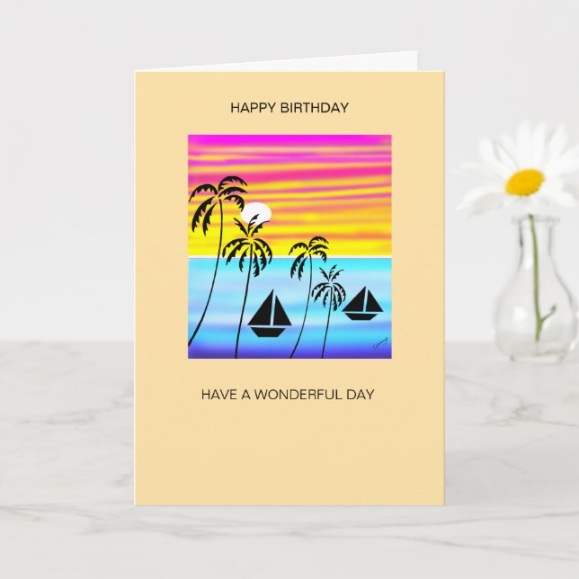 Awesome Tropical Sunset Sailing Birthday  Card (Small Plant)
