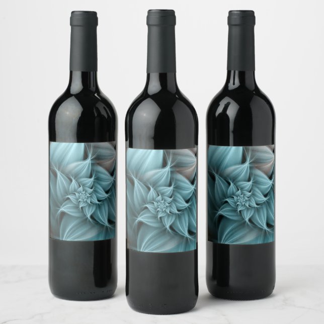 Awesome Turquoise Flower Fractal  Wine Label (Bottles)