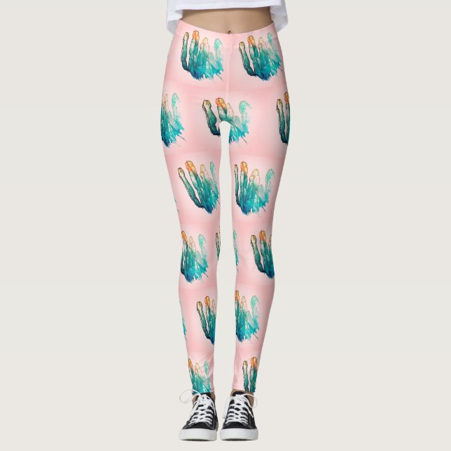 Awesome Turquoise Pink Cactus Pattern Leggings (Front)