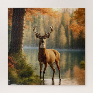 Awesome Twelve Point Buck in Autumn Waters Jigsaw Puzzle