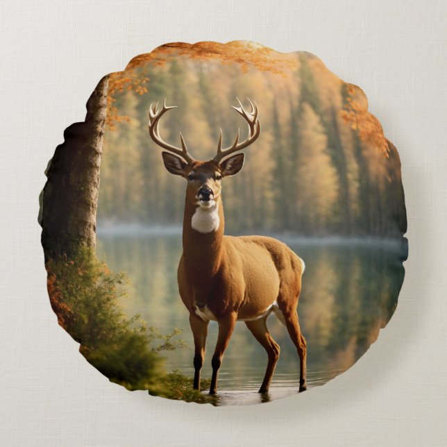 Awesome Twelve Point Buck in Autumn Waters Round Cushion (Front)