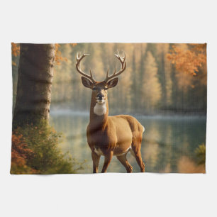 Awesome Twelve Point Buck in Autumn Waters Tea Towel