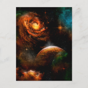 Awesome universe with planet and stars postcard