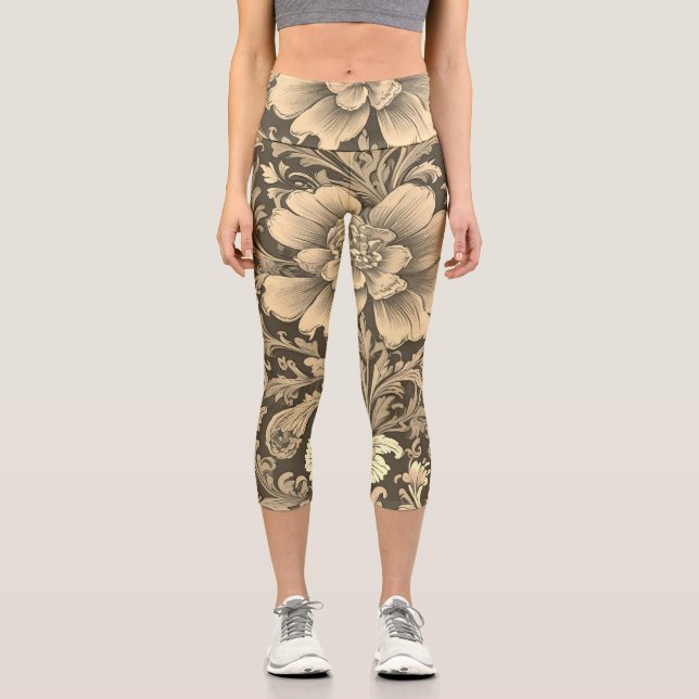 Awesome Vintage Sepia Floral Pattern  Capri Leggings (Front)