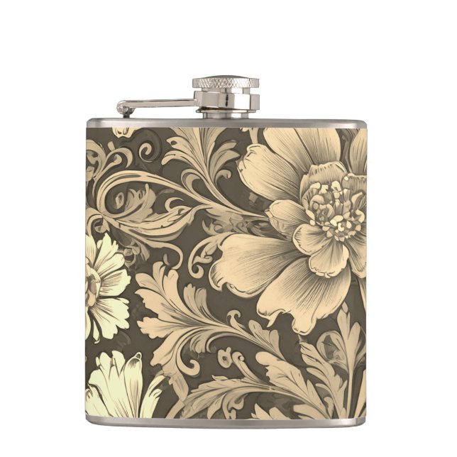 Awesome Vintage Sepia Floral Pattern  Hip Flask (Front)