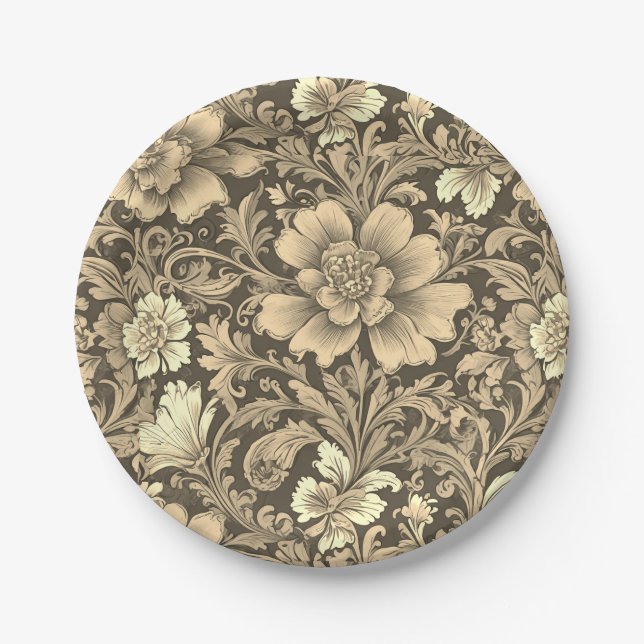 Awesome Vintage Sepia Floral Pattern  Paper Plate (Front)