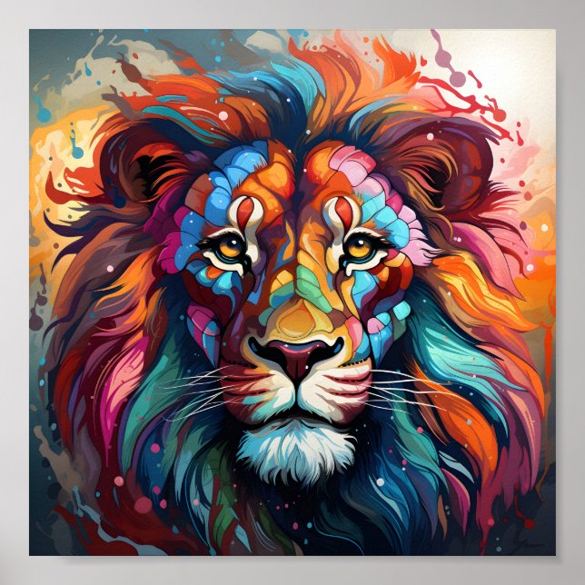 Awesome Wild Animal Portrait Colourful Lion Head Poster (Front)