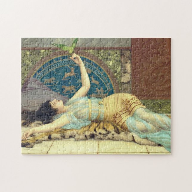 Awesome Woman in Blue with Green Bird Jigsaw Puzzle (Horizontal)
