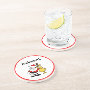Awkward Santa Selfie, Funny Holiday Cartoon Coaster