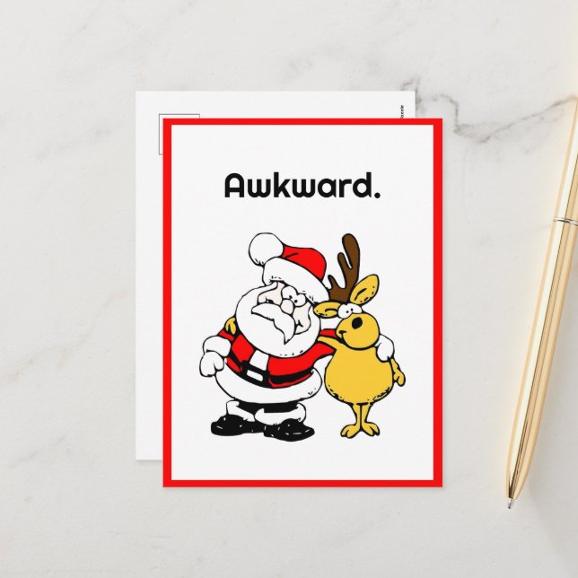 Awkward Santa Selfie, Funny Holiday Cartoon Postcard (Front/Back In Situ)