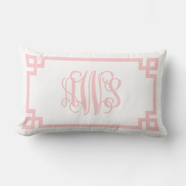 AWS Light Pink Greek Key Script Monogram Lumbar Cushion (Front)
