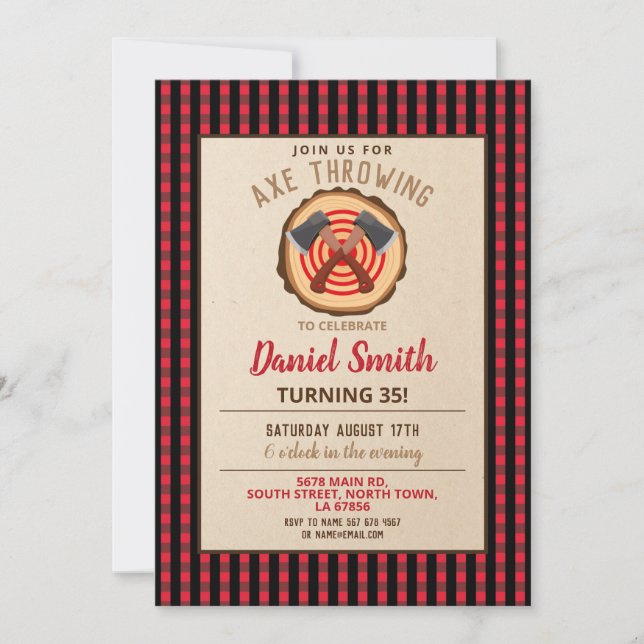 Axe Throwing Birthday Fun Wood Lumberjack Plaid In Invitation (Front)