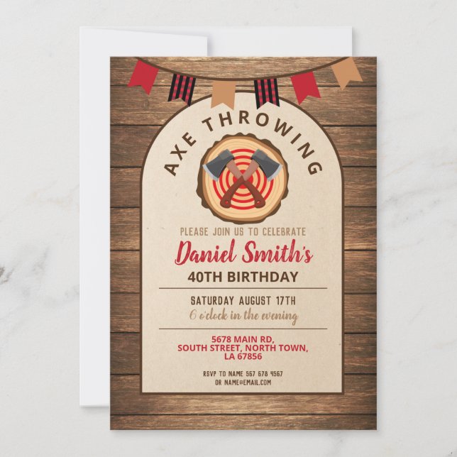 Axe Throwing Birthday Lumberjack Fun Wood Invite (Front)