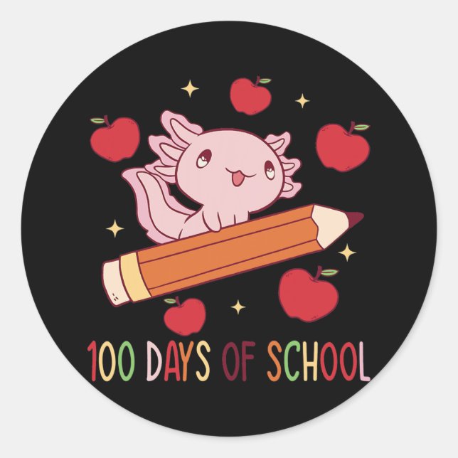 Axolotl 100 Days of Scool with Pencil Walking Classic Round Sticker (Front)