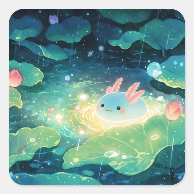 Axolotl Among Rainy Lilies Square Sticker (Front)