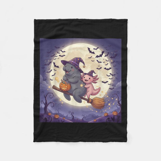 Axolotl And Manatee Witch Hat Pumpkin Halloween Co Fleece Blanket (Front)