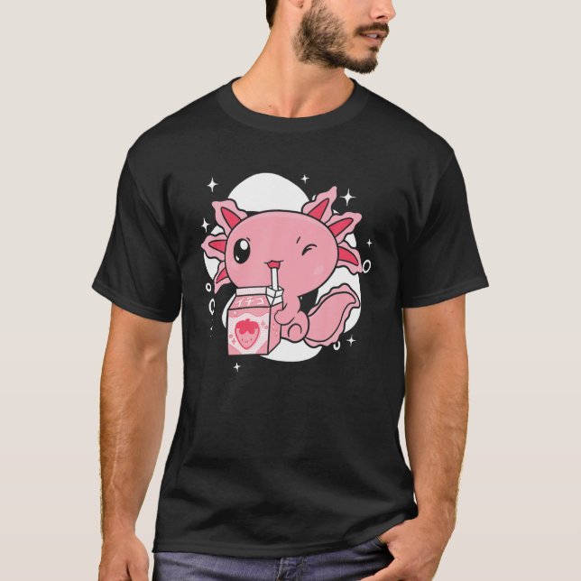Axolotl And Strawberry Milk Japanese Manga Kawaii T-Shirt (Front)
