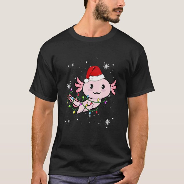 Axolotl Christmas Lights Led  Santa Hat Christmas T-Shirt (Front)