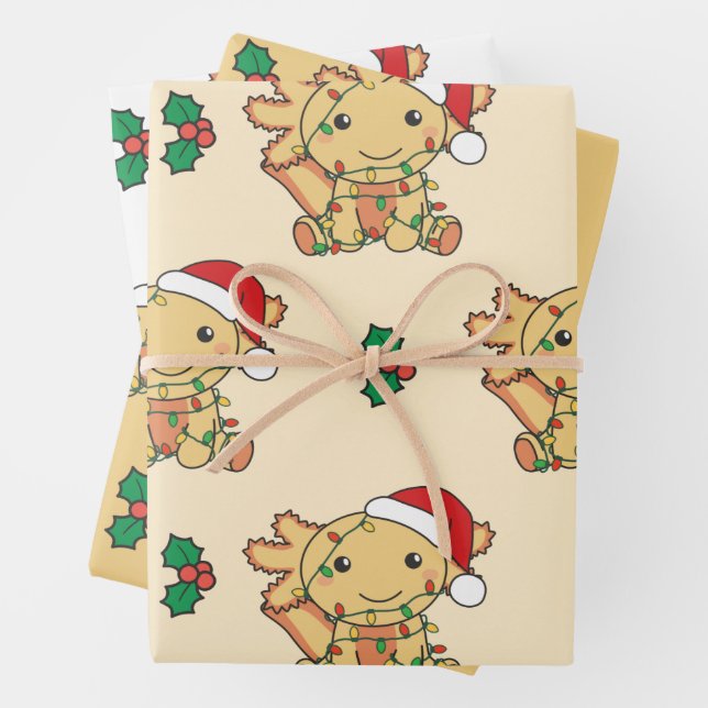 Axolotl Christmas Winter Animals Holiday Axolotls Wrapping Paper Sheet (In situ)