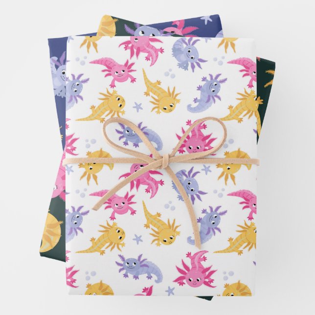 Axolotl Colorful Cartoon Wrapping Paper Sheet (In situ)