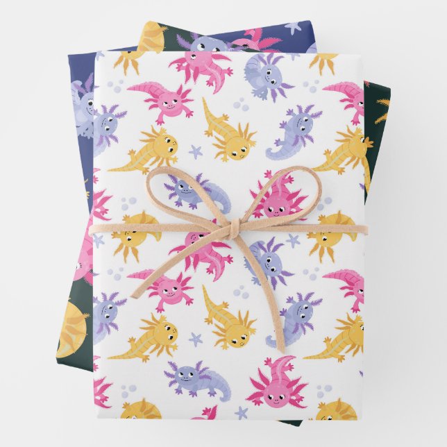 Axolotl Colourful Cartoon Wrapping Paper Sheet (In situ)