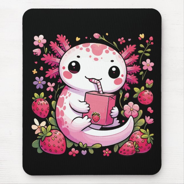 Axolotl Drinking Japanese Strawberry Milk  Mouse Mat (Front)
