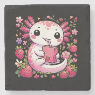 Axolotl Drinking Japanese Strawberry Milk  Stone Coaster