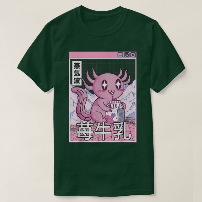 Axolotl Drinking Strawberry Milk Japan Otaku Anime T-Shirt (Design Front)