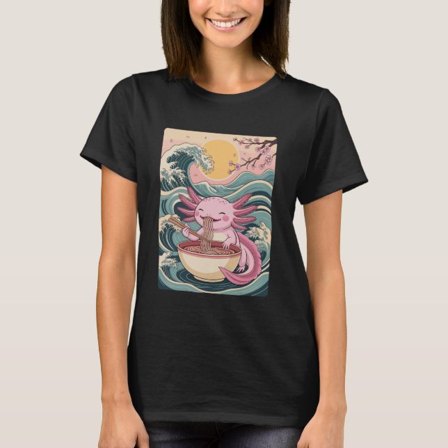 Axolotl Eating Noodles Cute Kawaii Japanese Ramen  T-Shirt (Front)