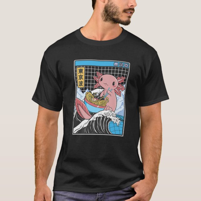 Axolotl Eating Ramen Kanagawa Wave Kawaii Anime Va T-Shirt (Front)