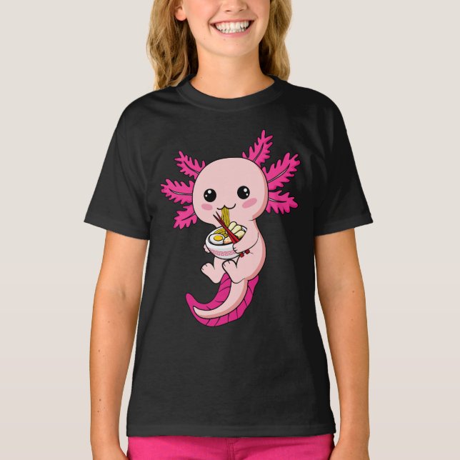 Axolotl Eating Ramen Noodles Kawaii Anime Girl T-Shirt (Front)