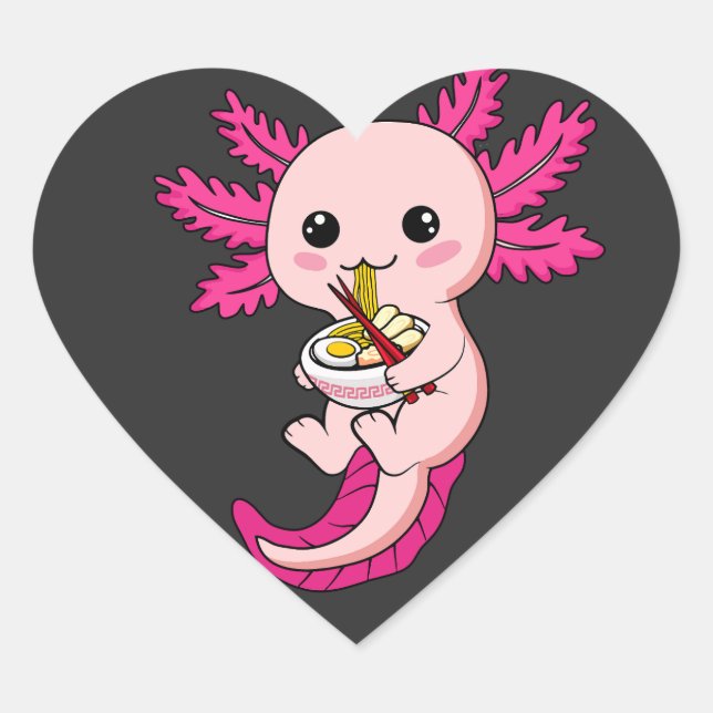 Axolotl Eating Ramen Noodles Kawaii Anime Heart Sticker (Front)