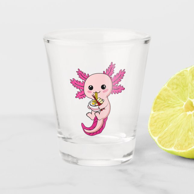 Axolotl Eating Ramen Noodles Kawaii Anime Shot Gla Shot Glass (Front)