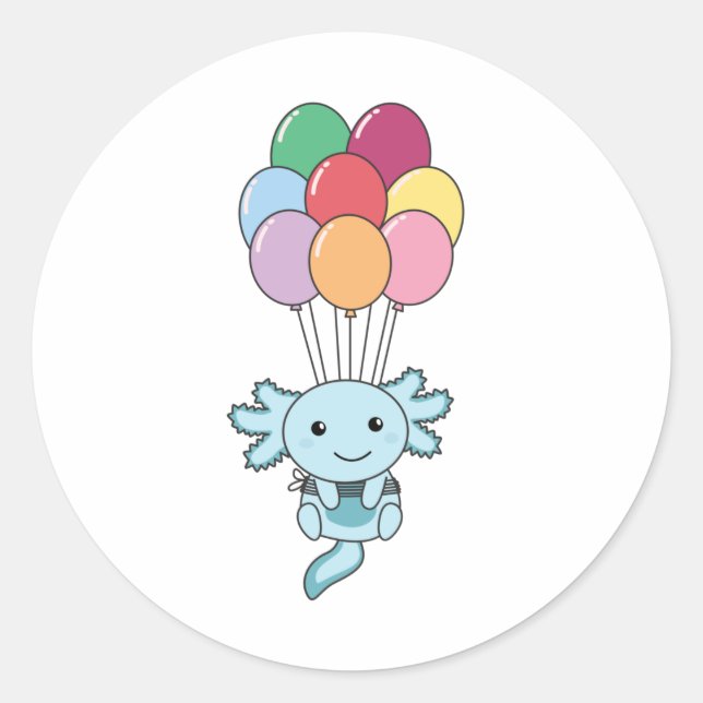 Axolotl Flies Up With Colourful Balloons Classic Round Sticker (Front)