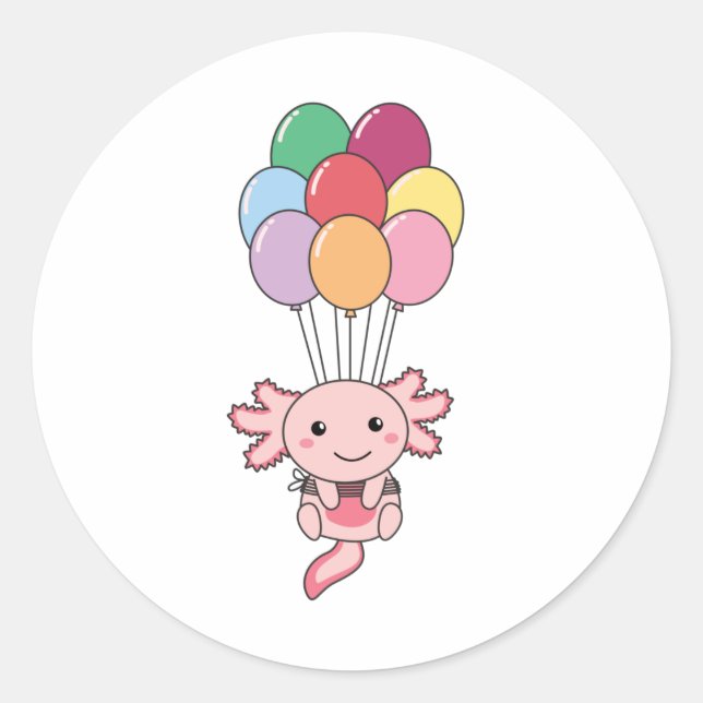 Axolotl Flies Up With Colourful Balloons Classic Round Sticker (Front)