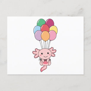 Axolotl Flies Up With Colourful Balloons Postcard