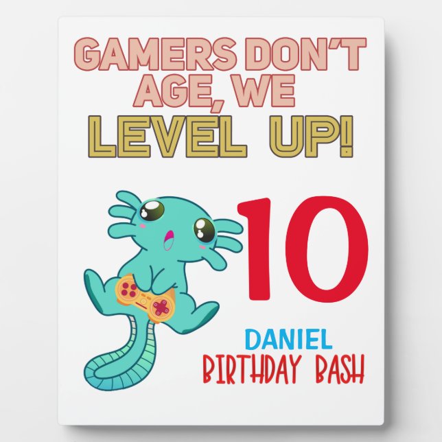 Axolotl Gamer Birthday Boy Video Game Party  Plaque (Front)