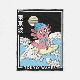 Axolotl Gaming Surfing Japanese Waves Kids Kawaii Fleece Blanket