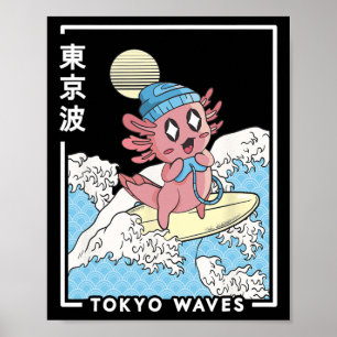 Axolotl Gaming Surfing Japanese Waves Kids Kawaii  Poster
