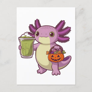 Axolotl Holding Halloween Basket and Matcha  Invitation Postcard