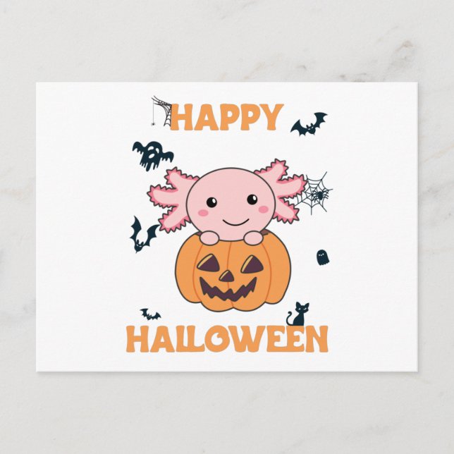 Axolotl In Pumpkin Sweet Axolotls Happy Halloween Postcard (Front)