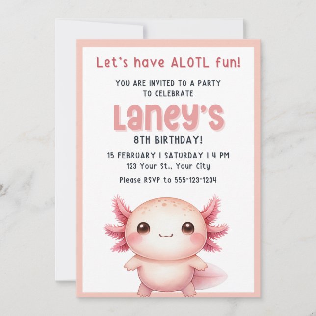 Axolotl invitation birthday girls, Axolotl invite (Front)