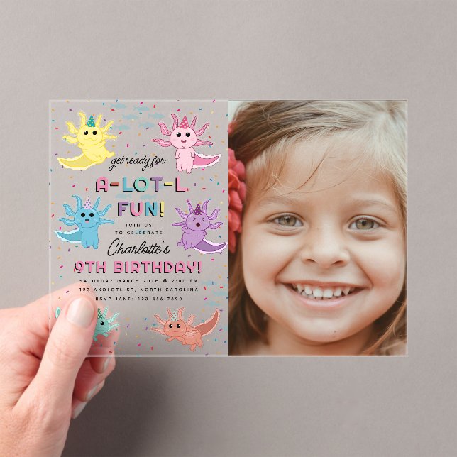 Axolotl Kids Cute Salamander Photo Birthday Party  Acrylic Invitations (Insitu (Handheld))