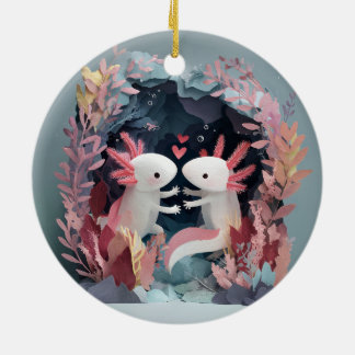 Axolotl love paper cut shadowbox diorama ceramic tree decoration