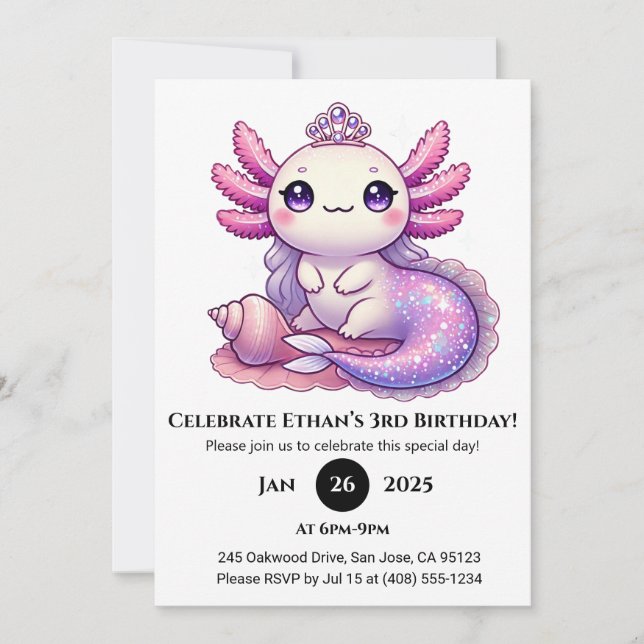Axolotl Mermaid Princess Birthday Invitation (Front)
