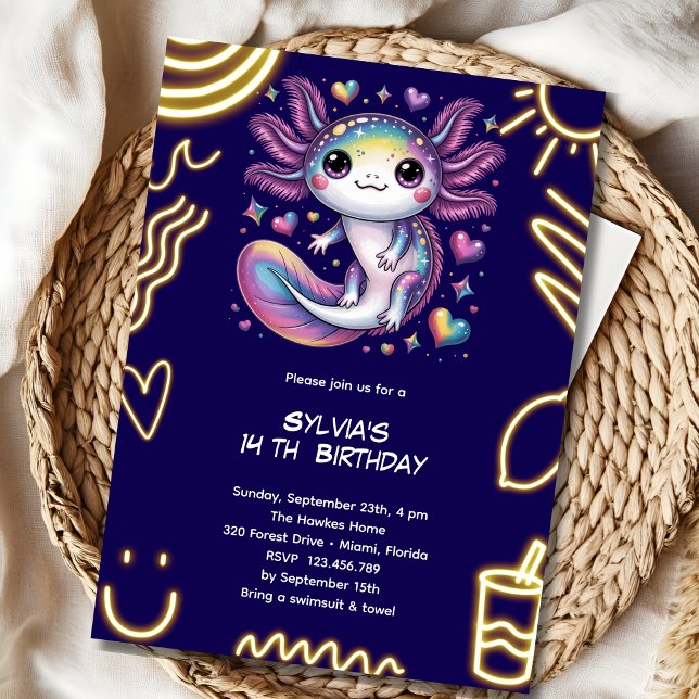 Axolotl neon laser birthday party invitation (Creator Uploaded)